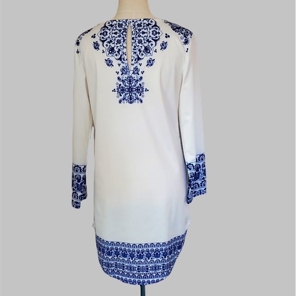 floral detailed White/blue long sleeves tunic dress Size S - Picture 2 of 4